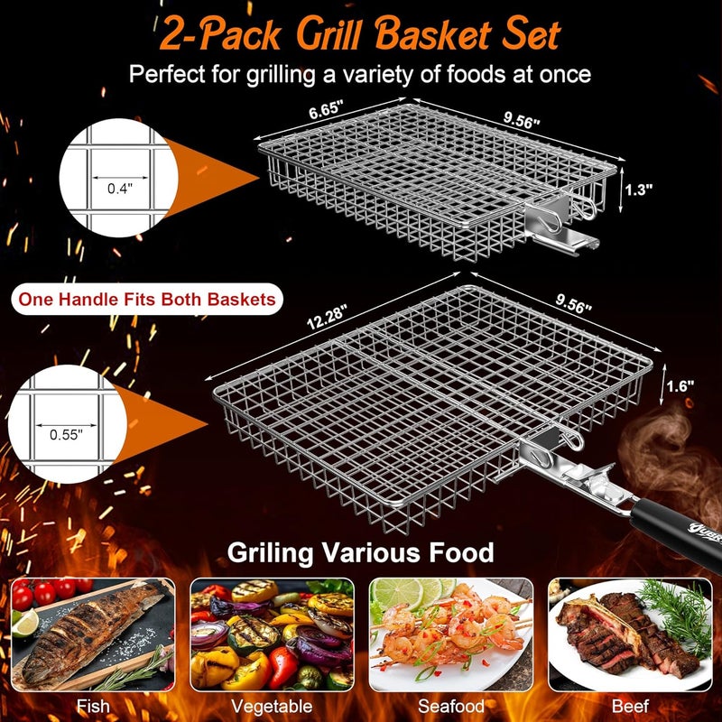 OUBRTS Grill Baskets for Outdoor Grill, 2PCS BBQ Grilling Basket with Removable Wooden Handle, Stainless Steel Camping Cooking Grill Accessories for Meat Fish Vegetable Seafood, Gifts for Men Dad Husband - Image 2